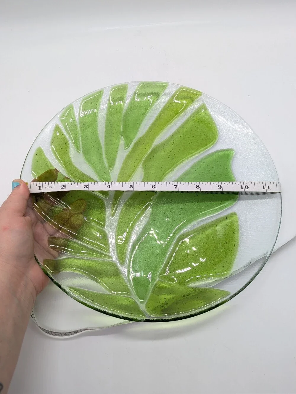 Crate & Barrel Green Monstera Clear Fused Glass Serving Plate